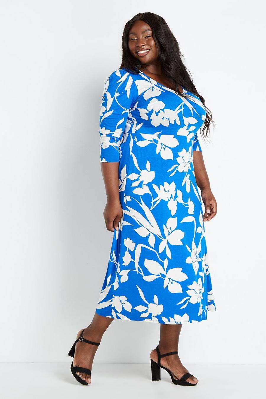 Curve Blue Floral Jersey Midi Dress