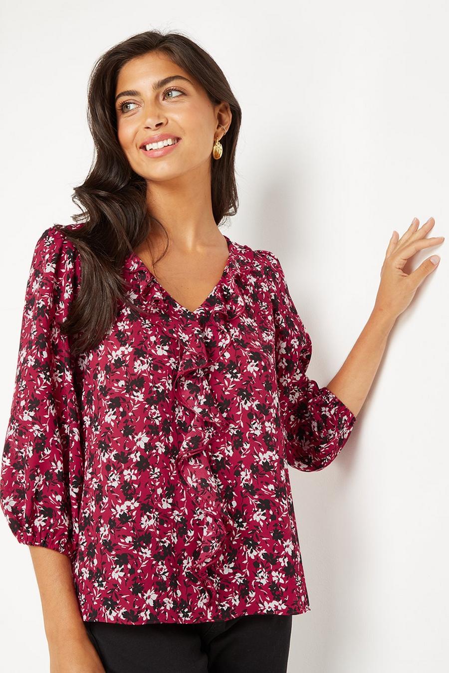 Petite Berry Floral Long Sleeve Ruffle Top