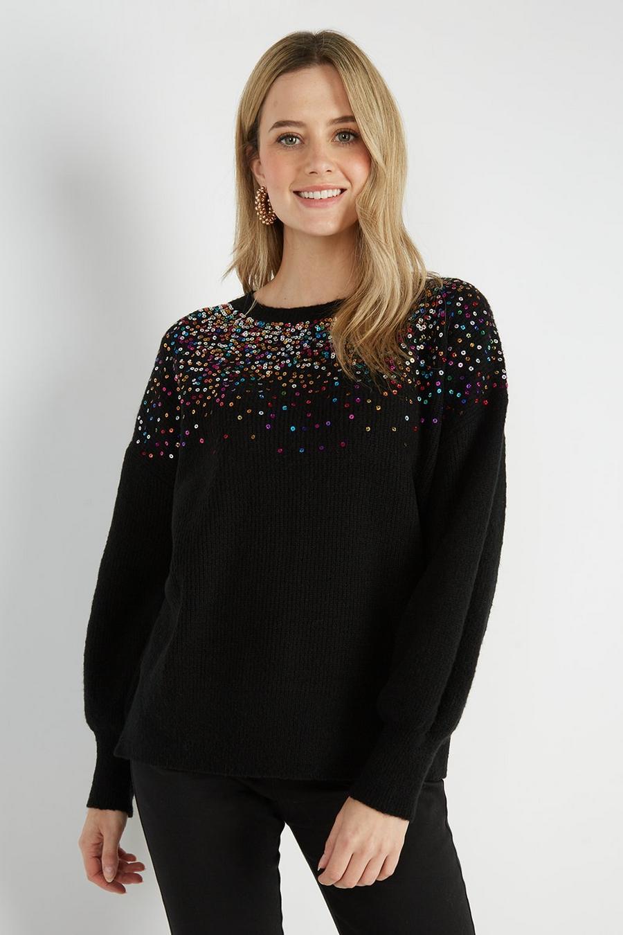 Petite Black Scatter Sequin Chunky Knit Jumper
