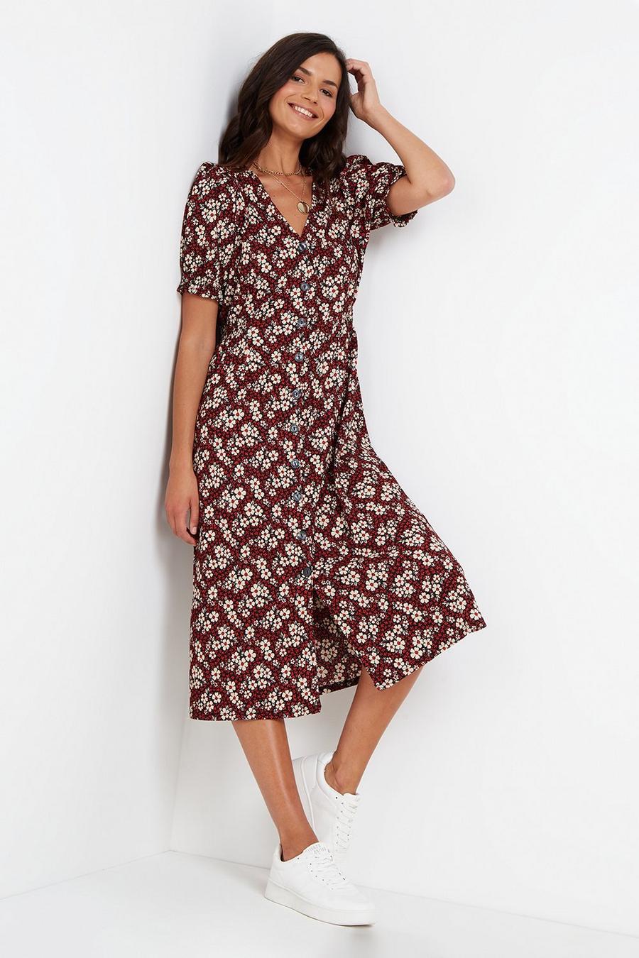 Red Floral Jersey Button Through Midi Dress
