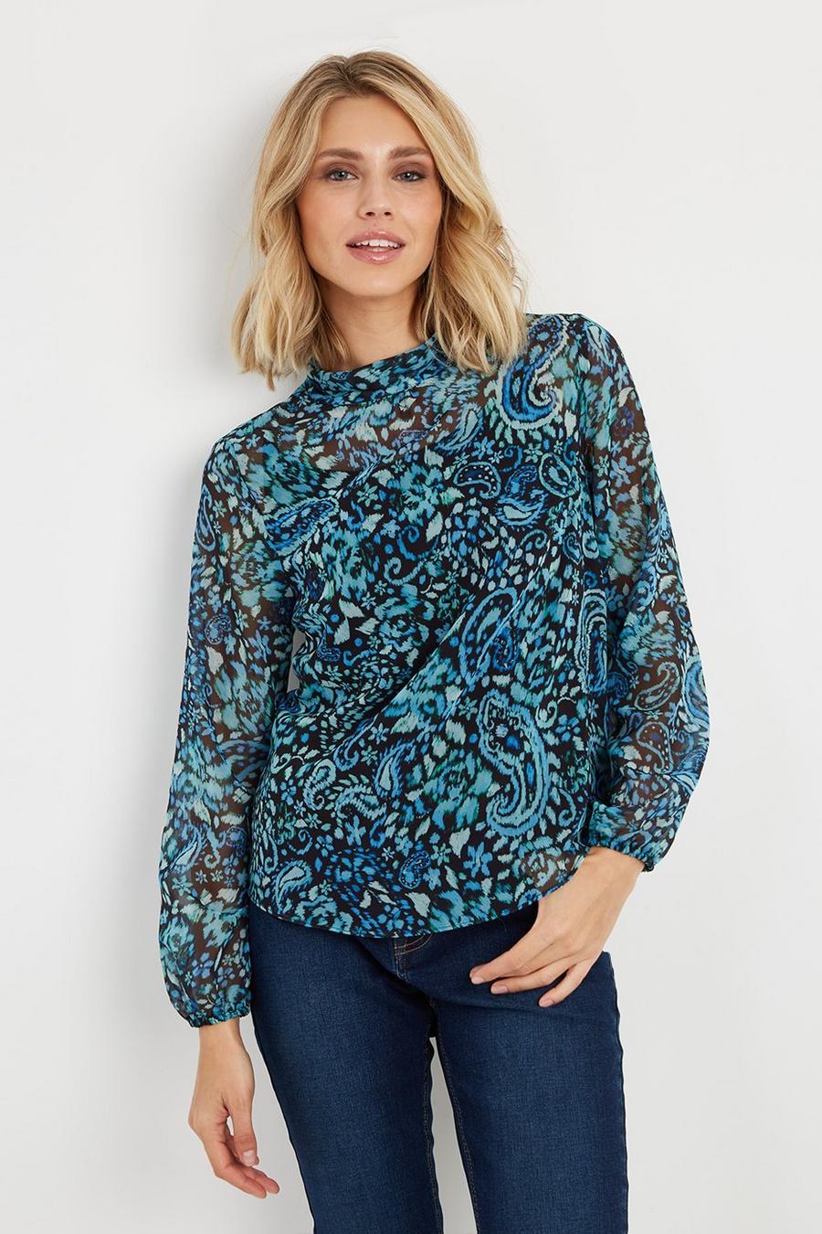 Petite Teal Paisley Roll Neck Top