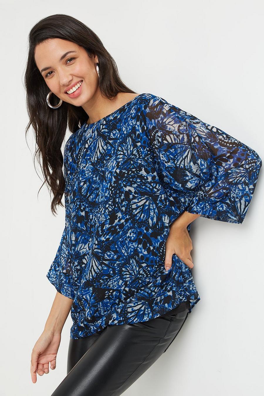 Tall Blue Butterfly Overlay Top