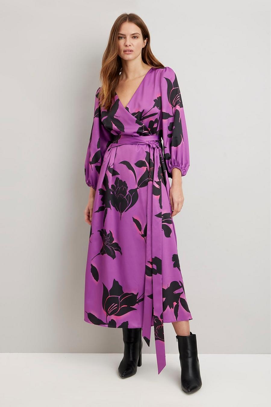 Purple Shadow Floral Wrap Belted Dress