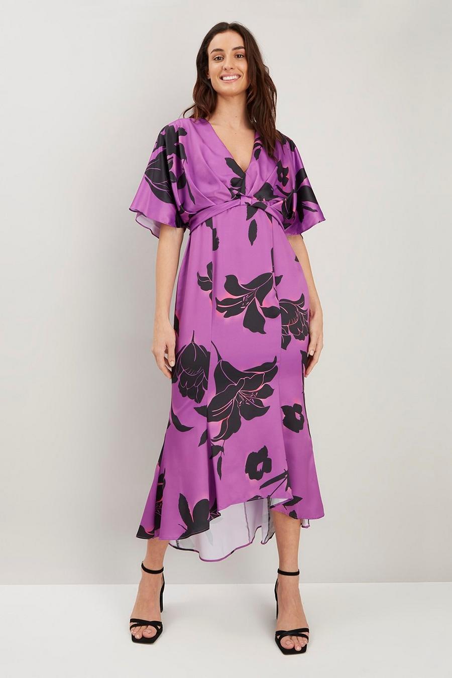 Purple Shadow Floral Knot Front Dress
