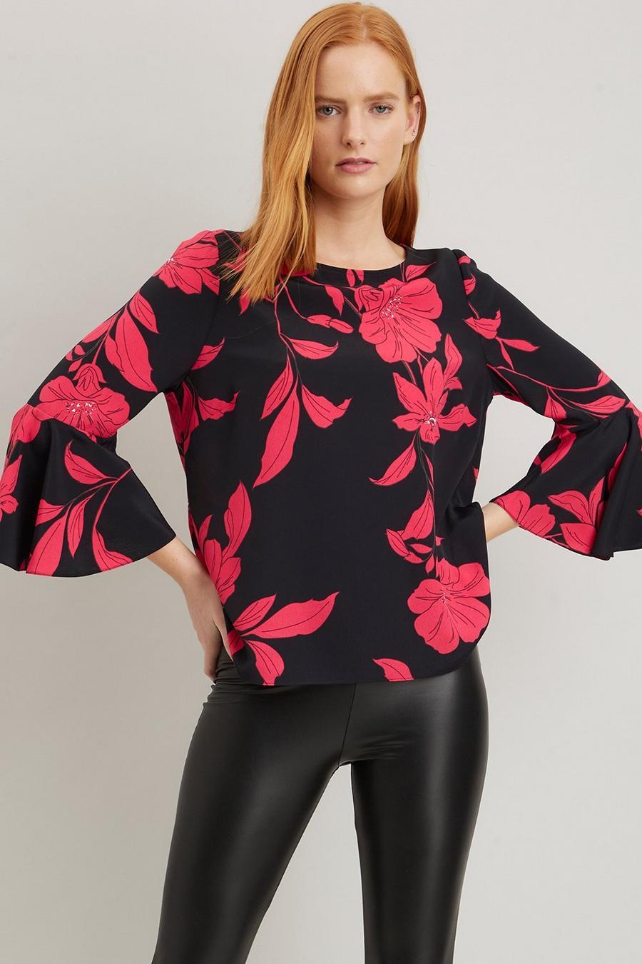 Black And Pink Floral Flute Sleeve Top