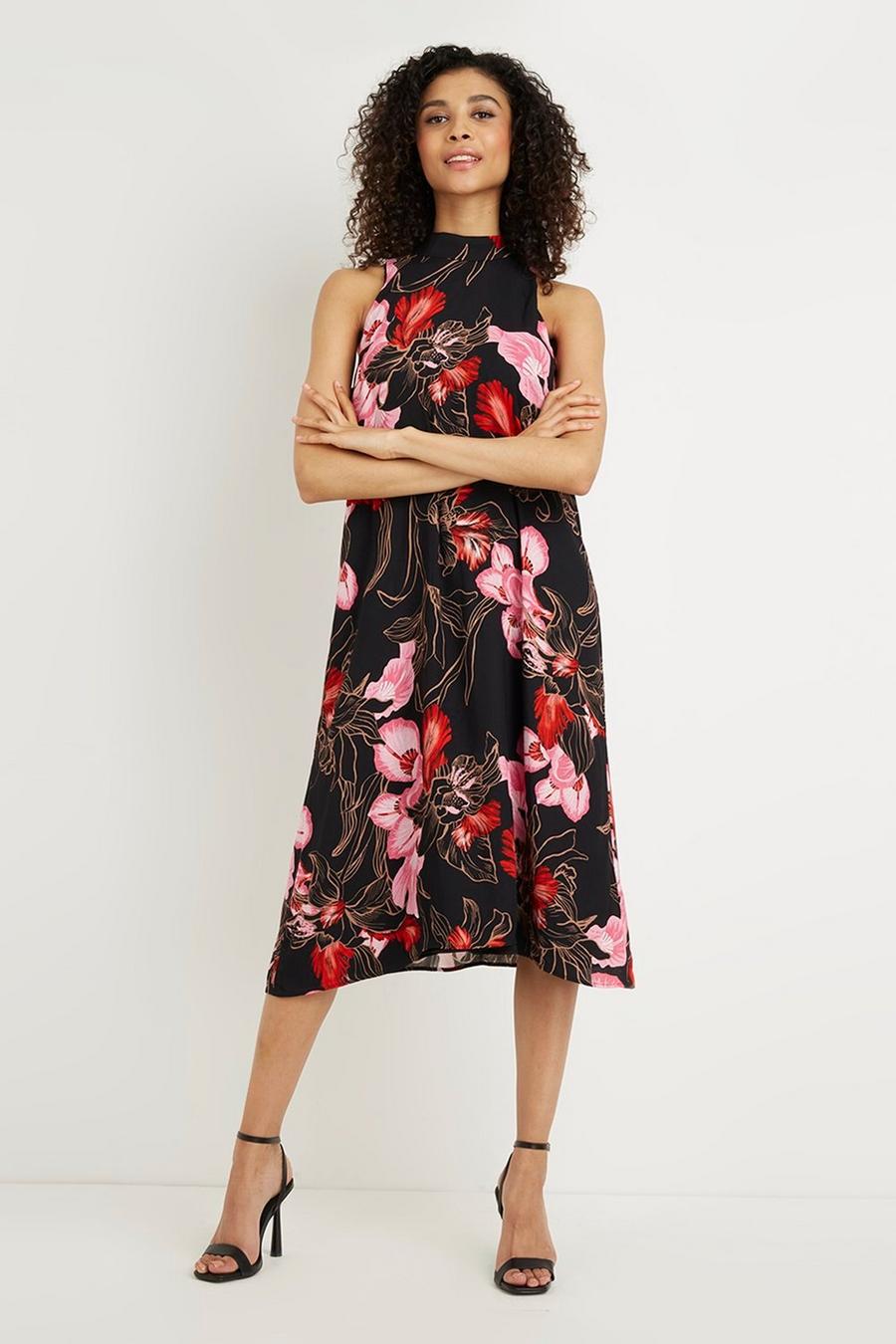 Petite Red And Pink Floral Tie Neck Dress