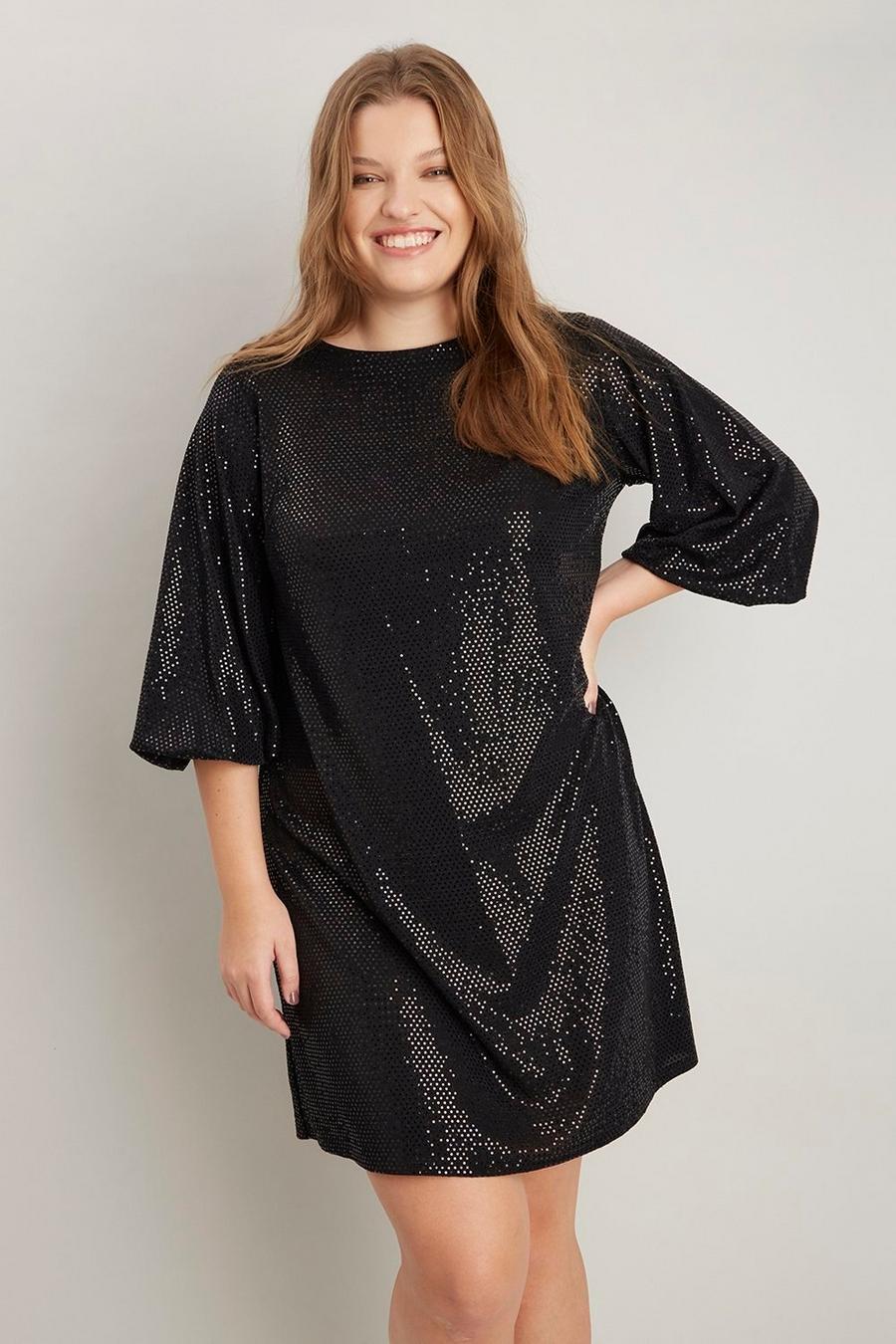 Curve Sequin Puff Sleeve Shift Dess