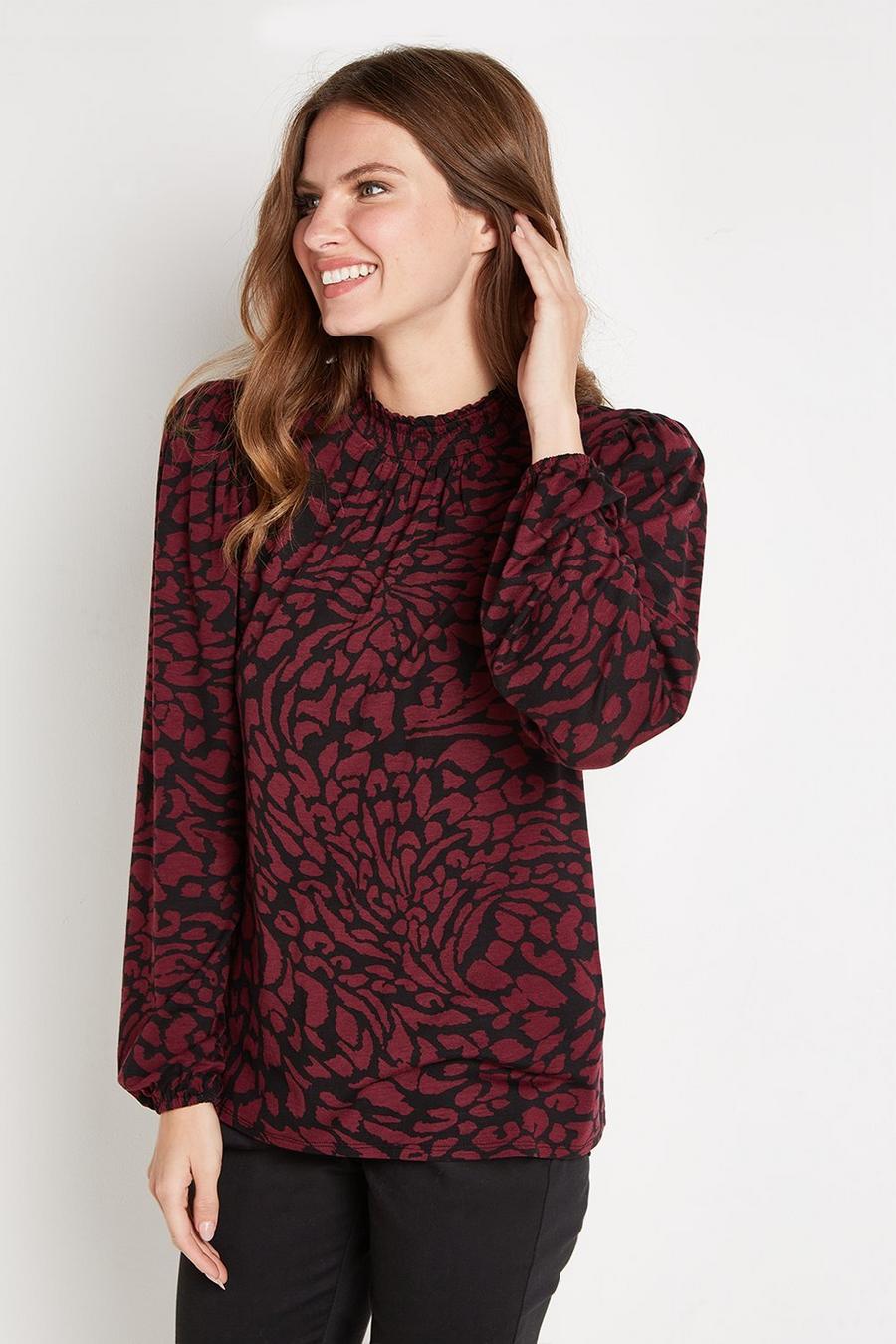 Berry Animal Shirred Neck Jersey Top
