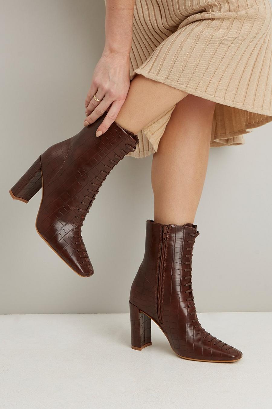 Almond Lace Up Detail Heeled Ankle Boot