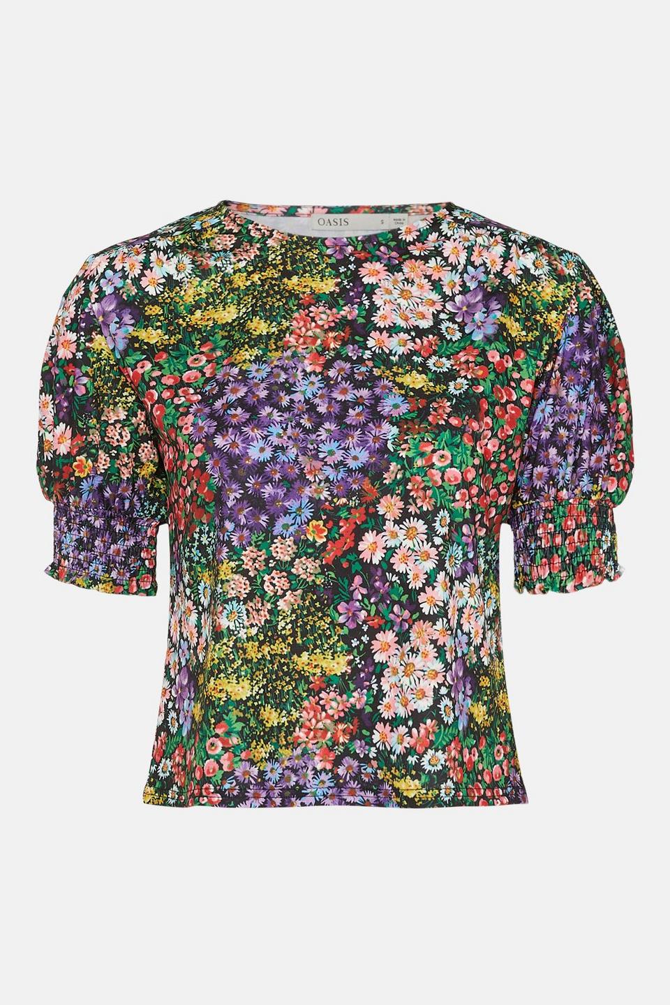 Tops | Floral Shirred Cuff T-shirt | Oasis