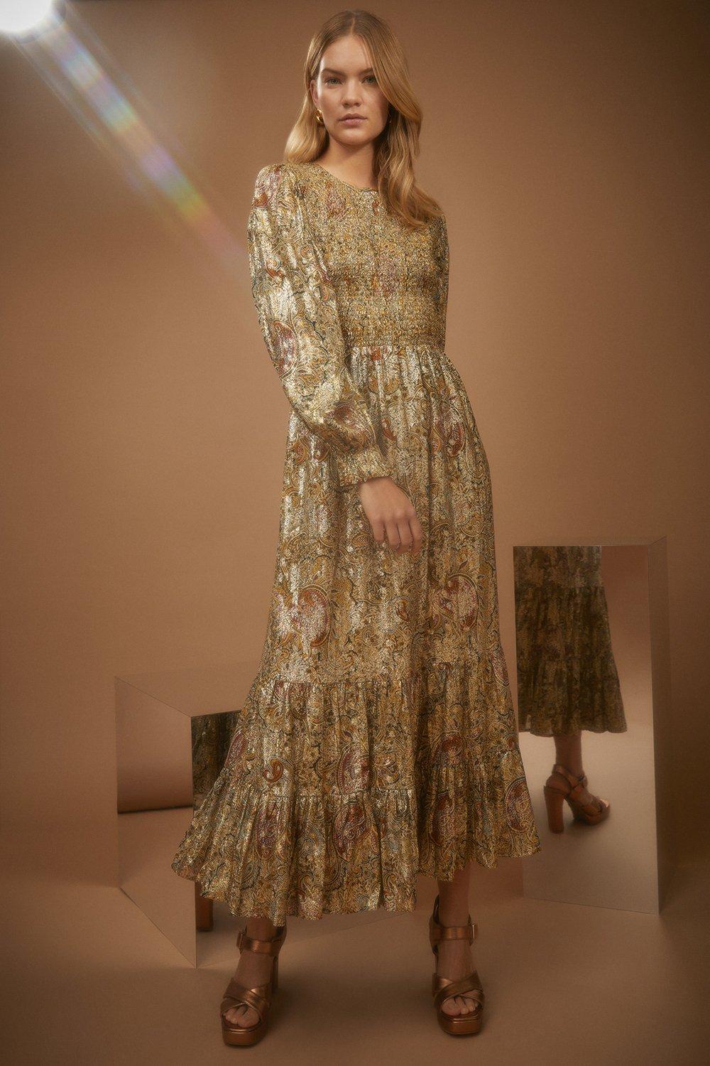 Dresses | Metallic Paisley Printed Shirred Midi Dress | Oasis