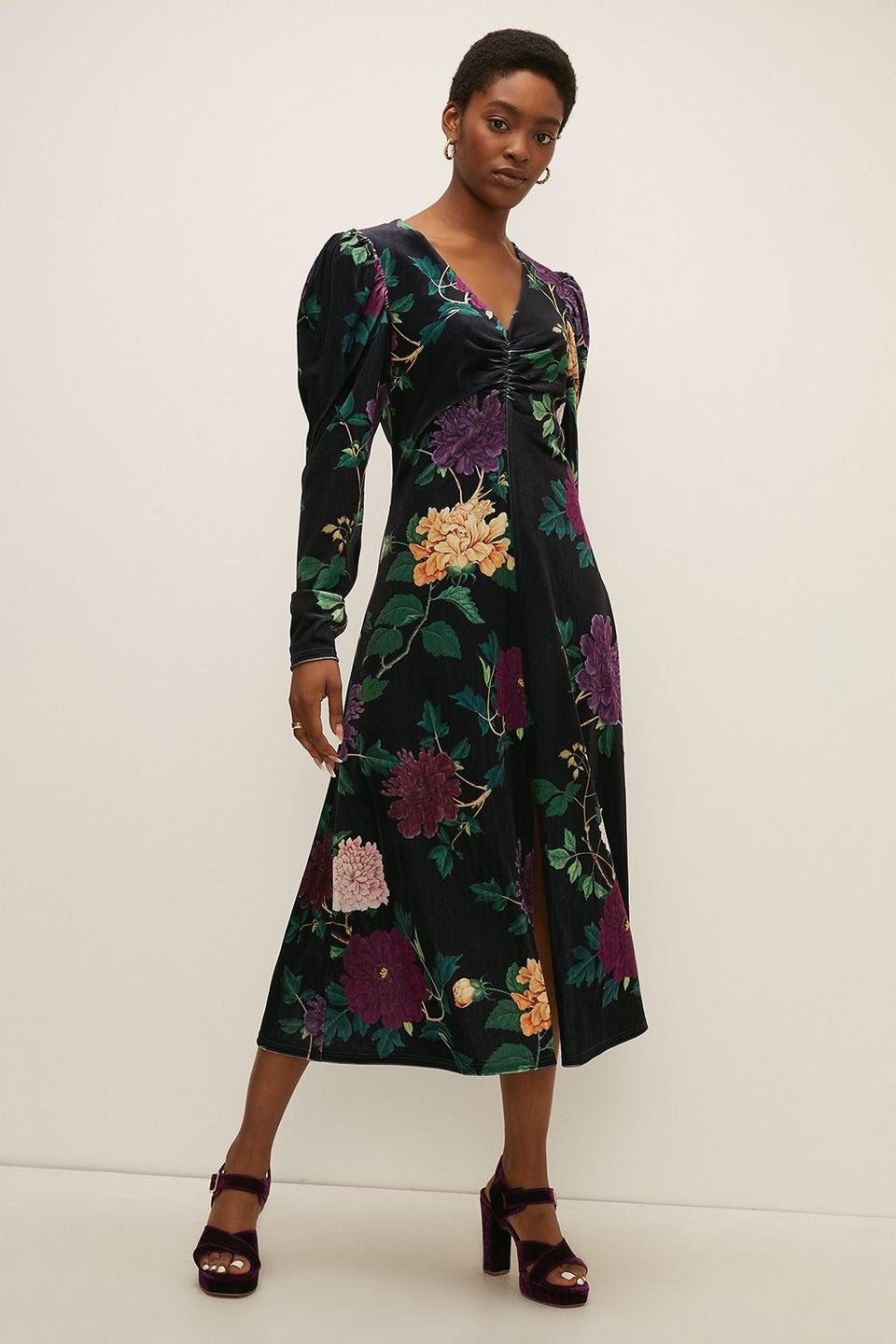 Dresses | RHS Velvet Large Floral Ruched Front Midi | Oasis