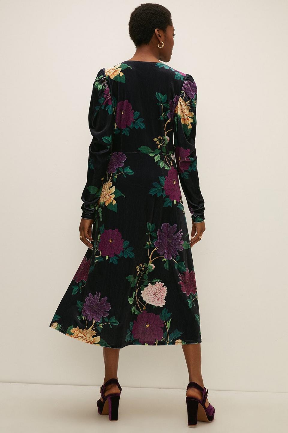 Dresses | RHS Velvet Large Floral Ruched Front Midi | Oasis