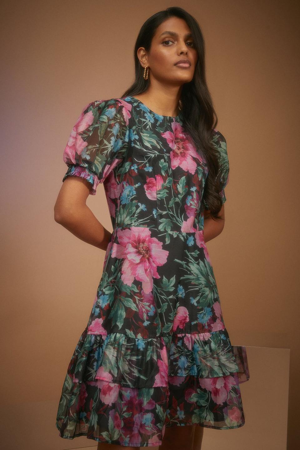Dresses | Bright Floral Organza Tiered Skater Dress | Oasis