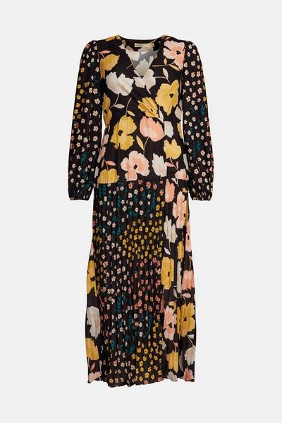 Oasis black Mixed Scale Floral Pleated Midi Dress