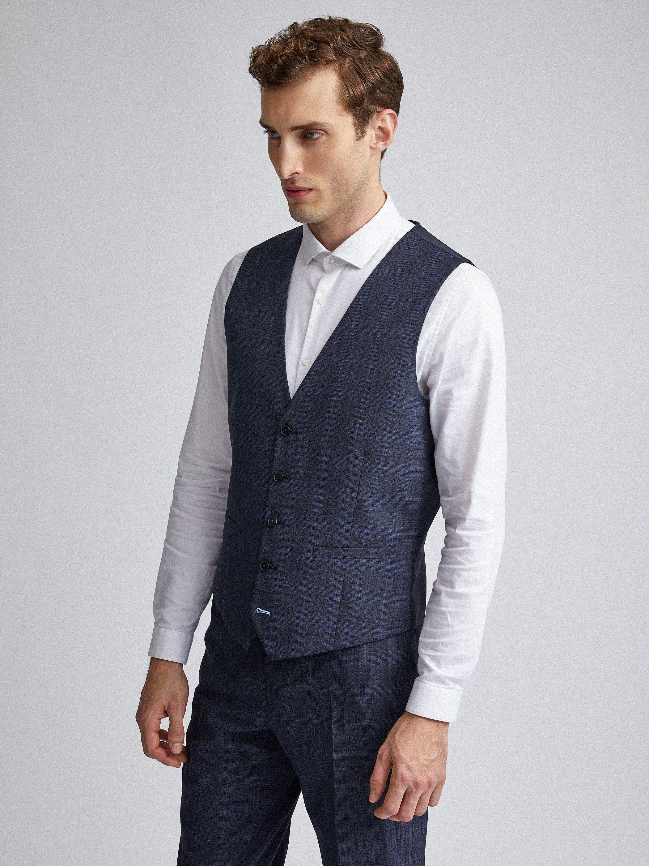 Suits | Tailored Fit Navy Tonal Check Suit Waistcoat | Burton
