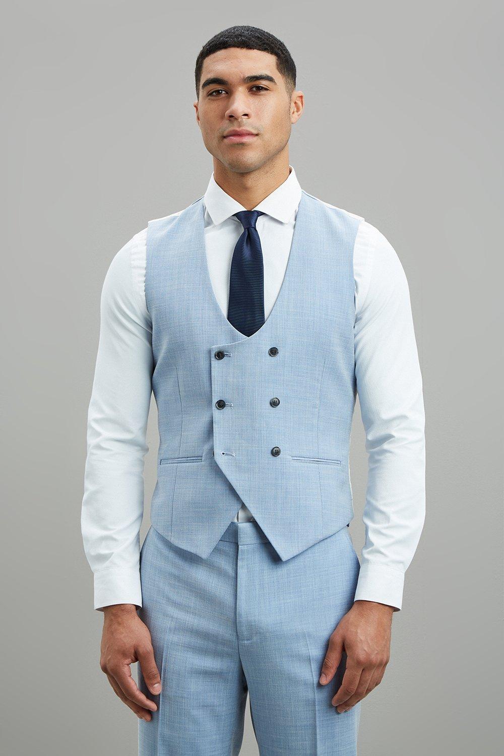 Suits | Pale Blue Sharkskin Waistcoat | Burton