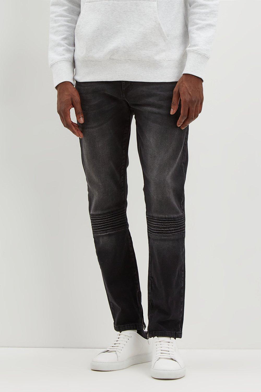 Jeans | Skinny Washed Black Biker Jeans With Hem Zips | Burton