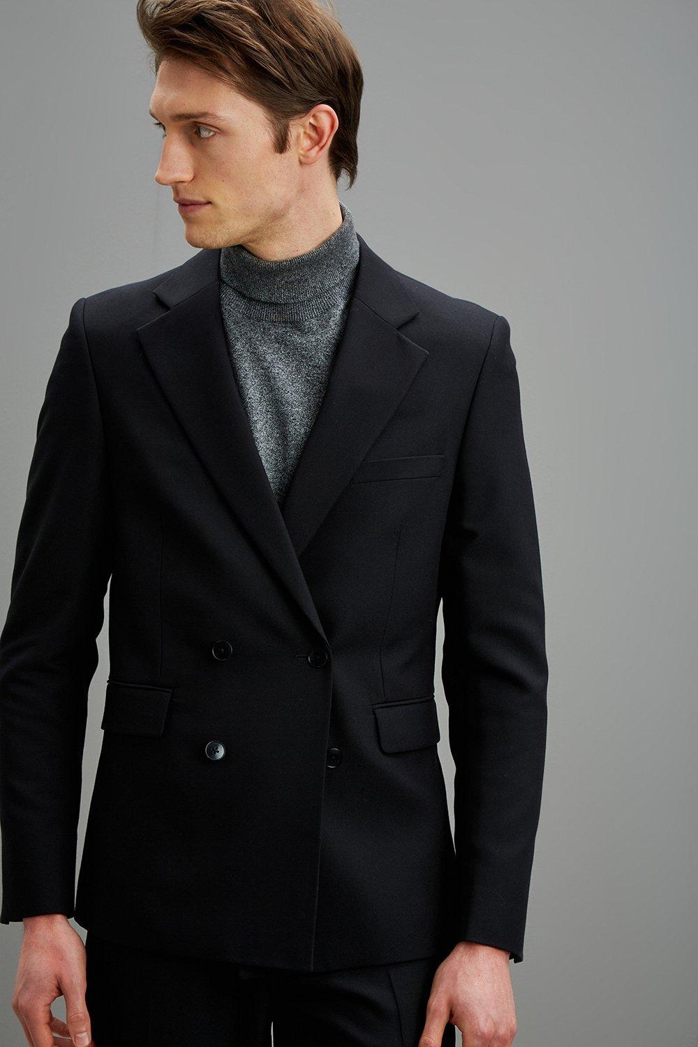 Suits | Skinny Fit Black Double Breasted Bi-stretch Jacket | Burton