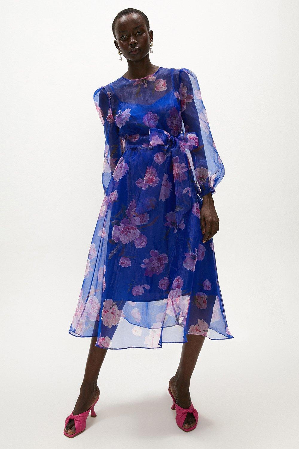 Dresses | Floral Long Sleeve Organza Tie Waist Midi Dress | Coast