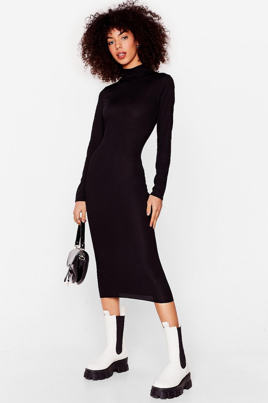 Black Long Sleeve High Neck Bodycon Midi Dress