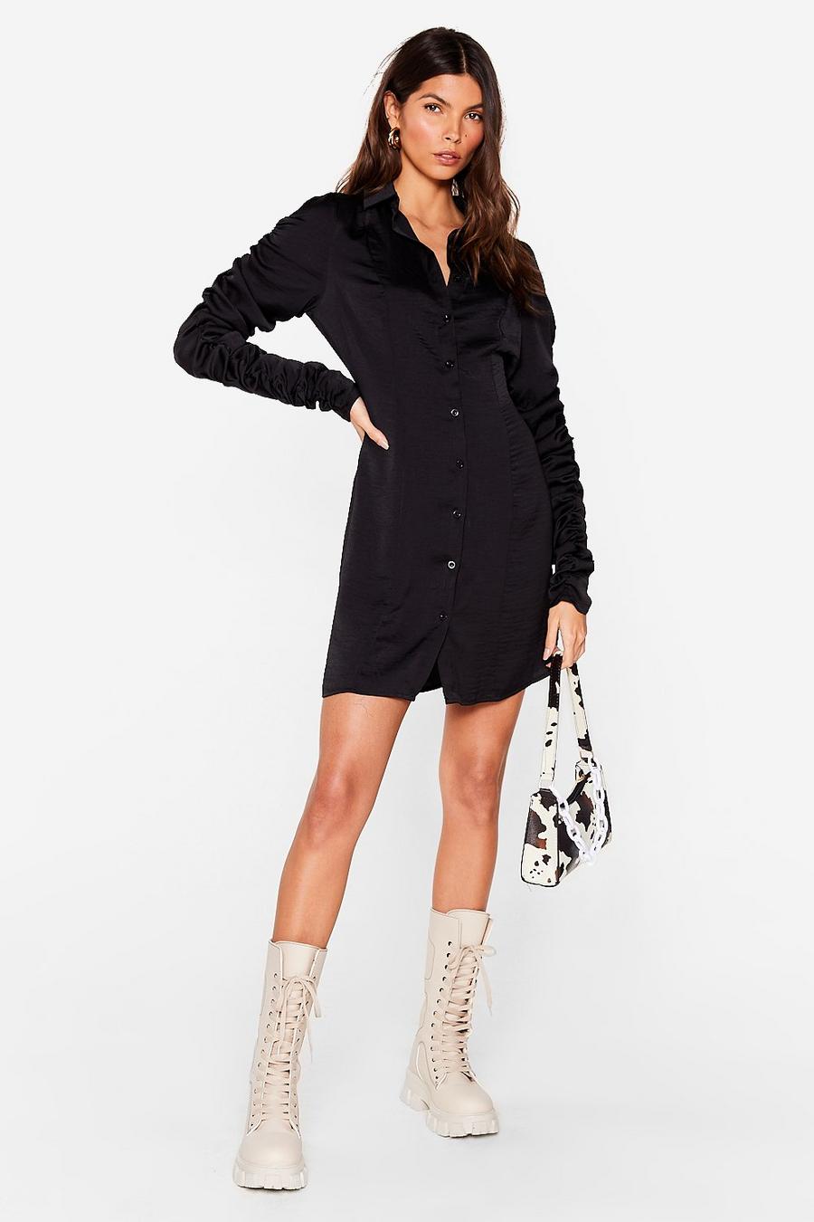 Black Ruched Sleeve Satin Shirt Dress