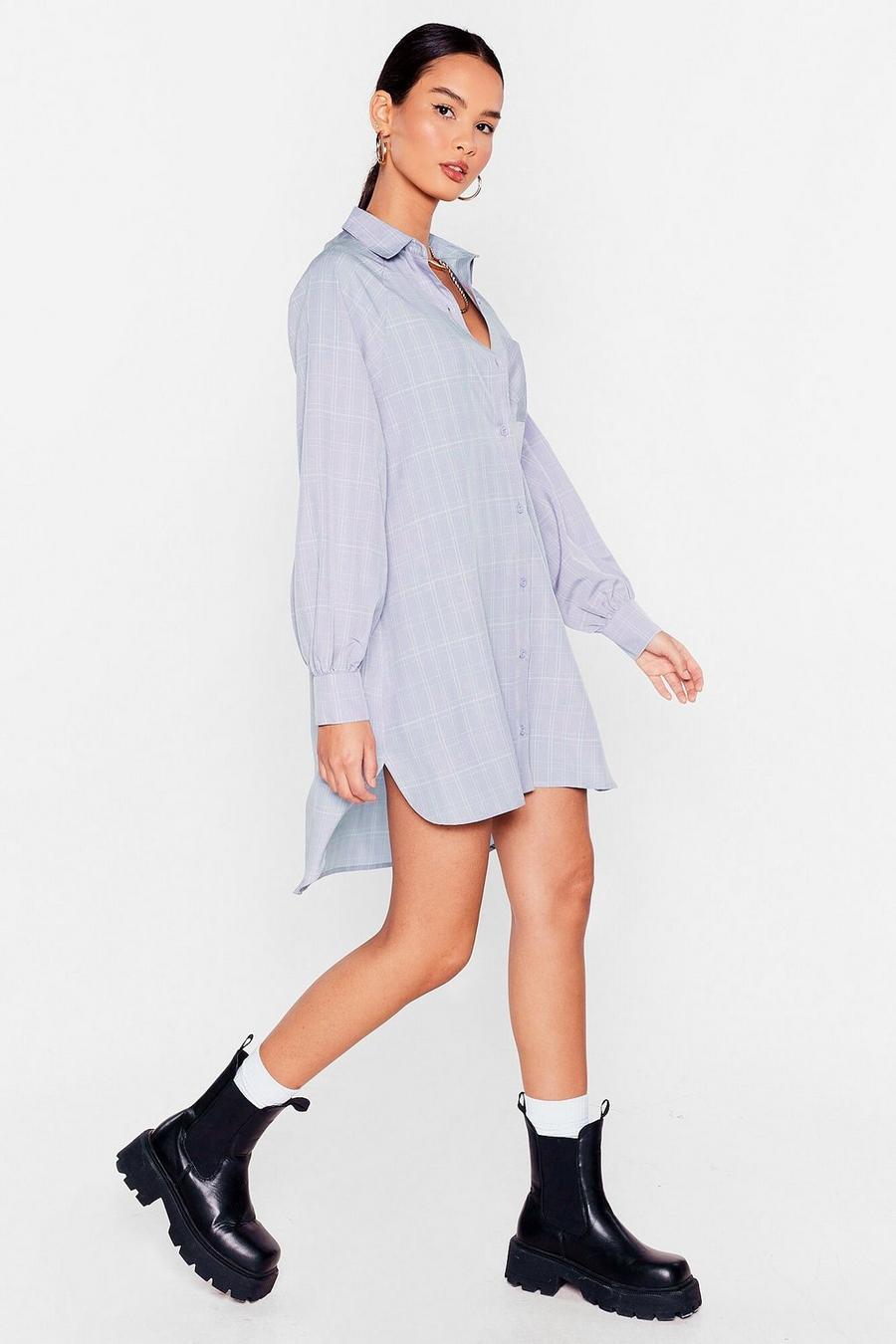 Baby blue Check Puff Sleeve Oversized Shirt Dress image number 1
