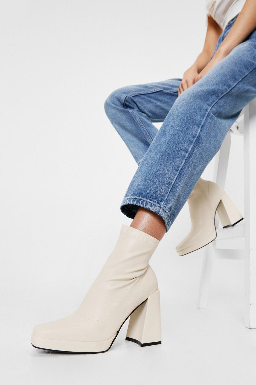 Cream white Faux Leather Square Toe High Ankle Boots
