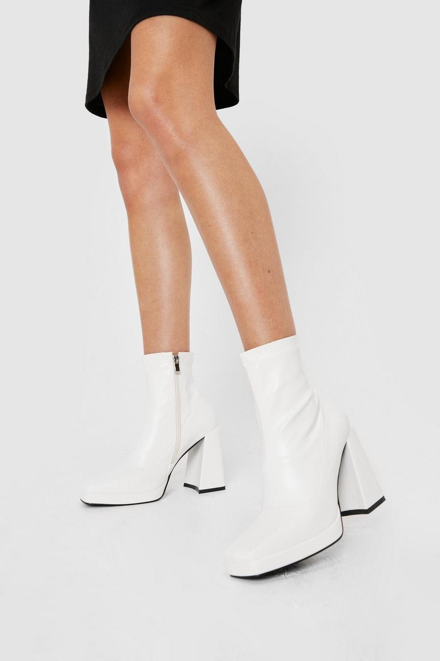 White Faux Leather Platform Square Toe Sock Boots