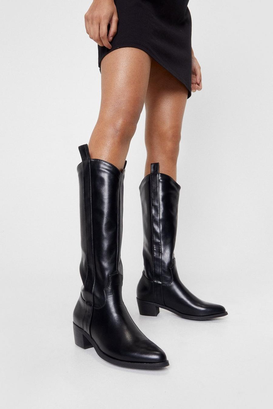 Black Faux Leather Western Knee High Boots