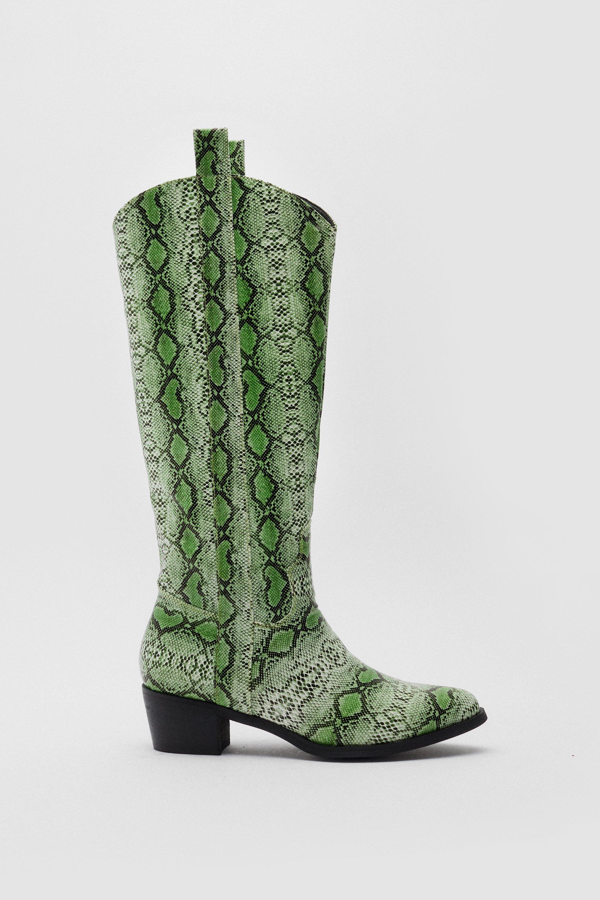 green snake print boots