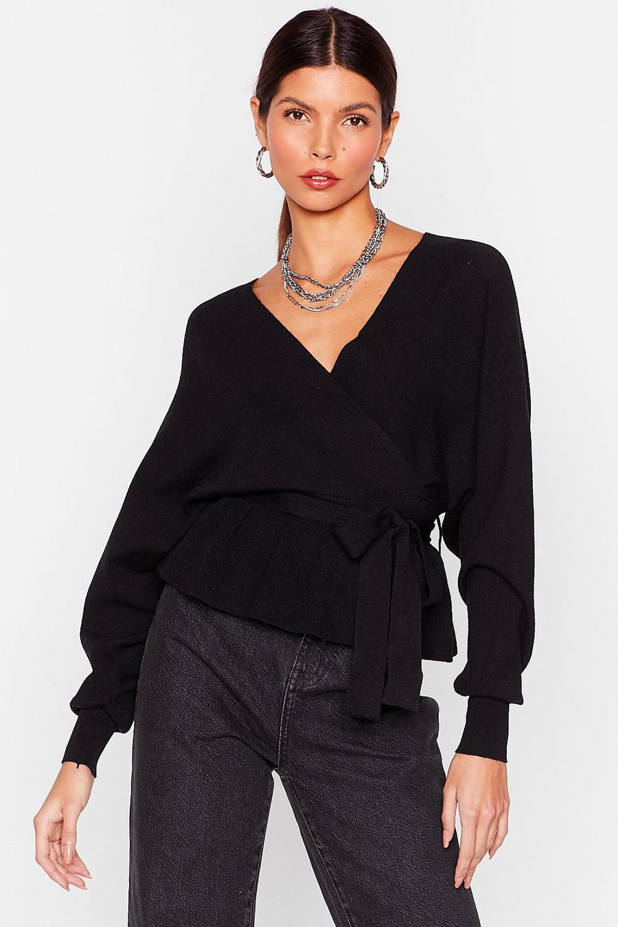 Black Wrap Up Belted Knitted Cardigan