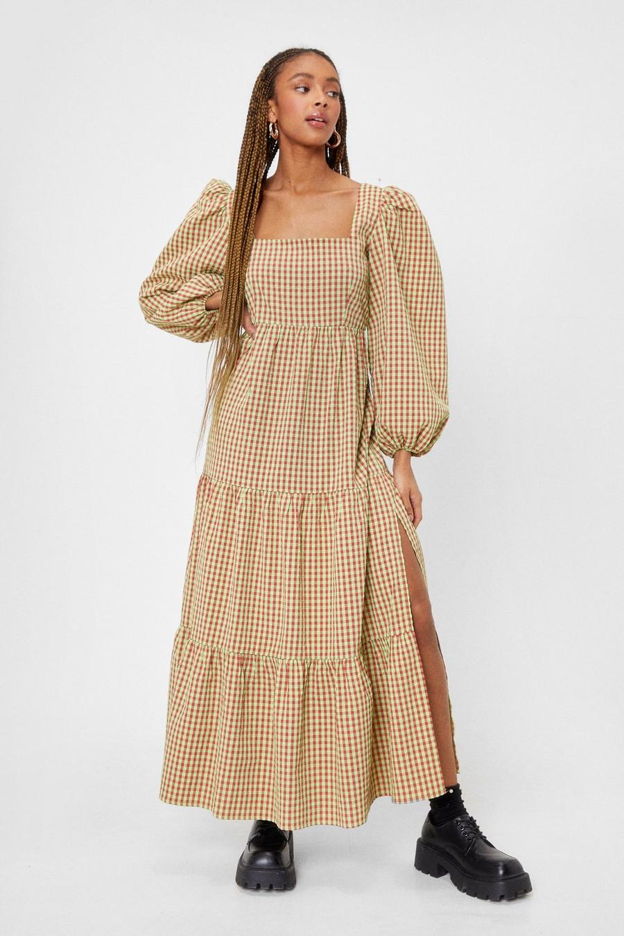 Lime green Gingham Puff Sleeve Smock Maxi Dress