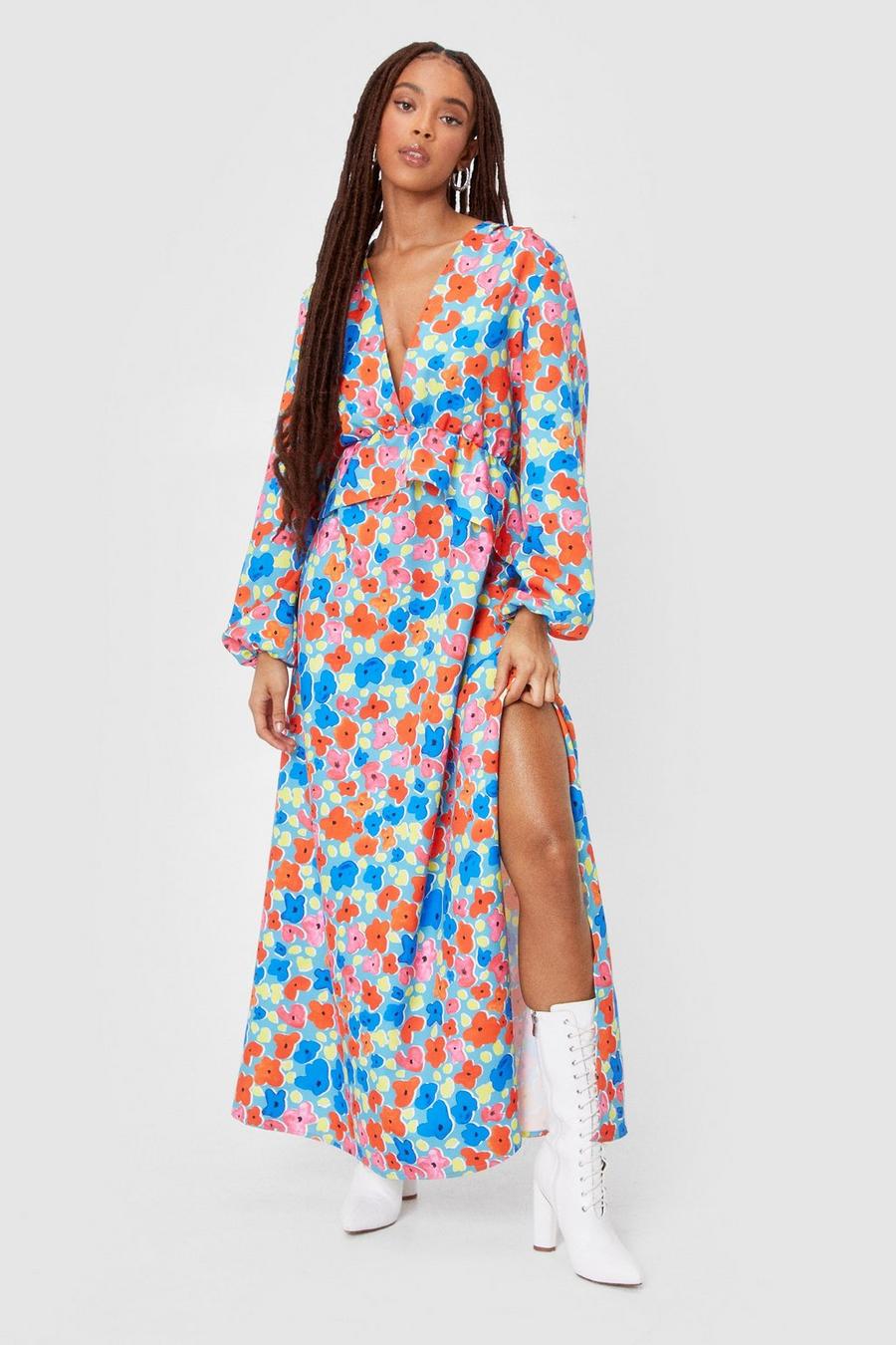 Blue Floral Flowy V Neck Maxi Dress