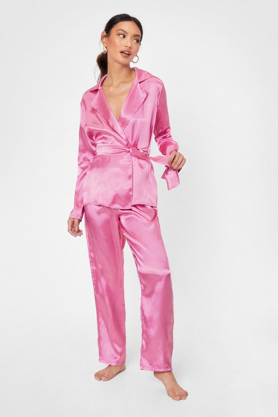 Pink Petite Satin Belted Pyjama Trousers Set