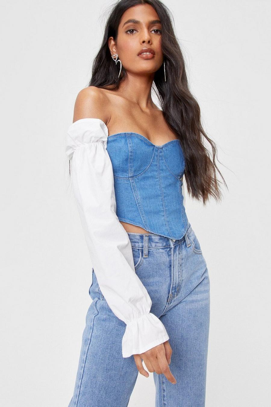 Mid blue Denim Puff Sleeve Cropped Corset Top