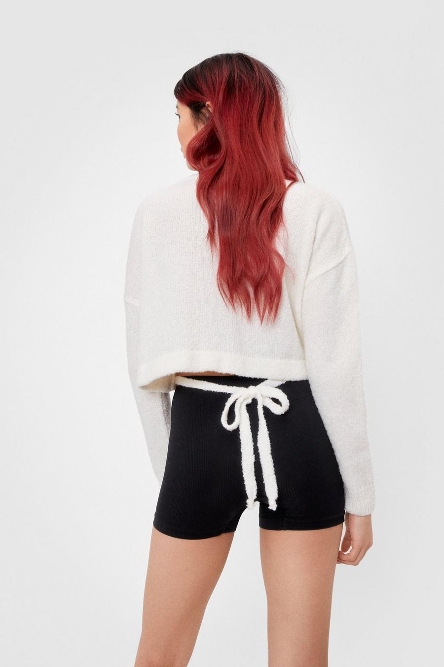Cream white Knitted Tie Back Cropped Jumper