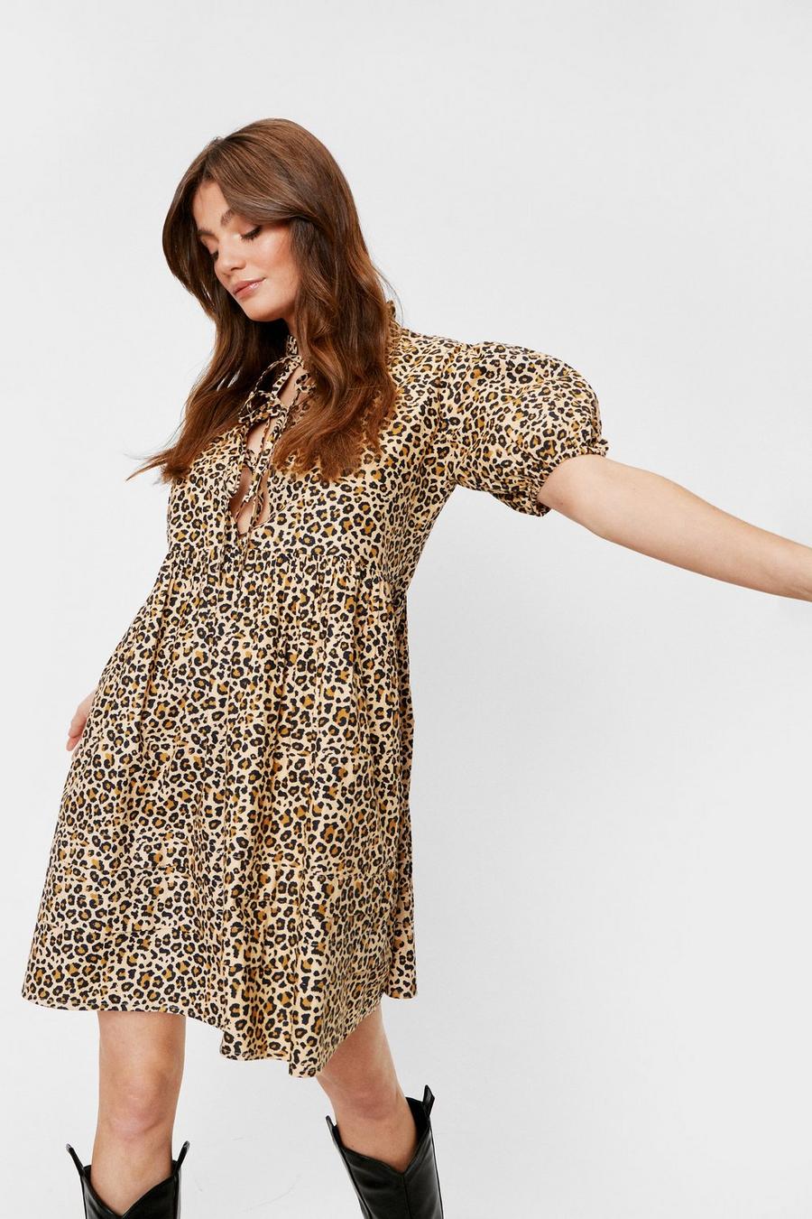 Brown Leopard Print Tie Front Smock Dress