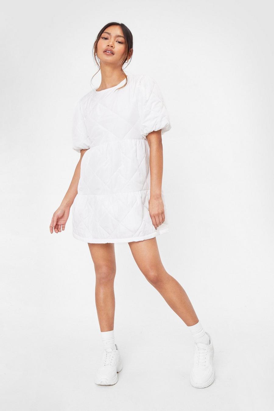 White Petite Quilted Puff Sleeve Mini Dress