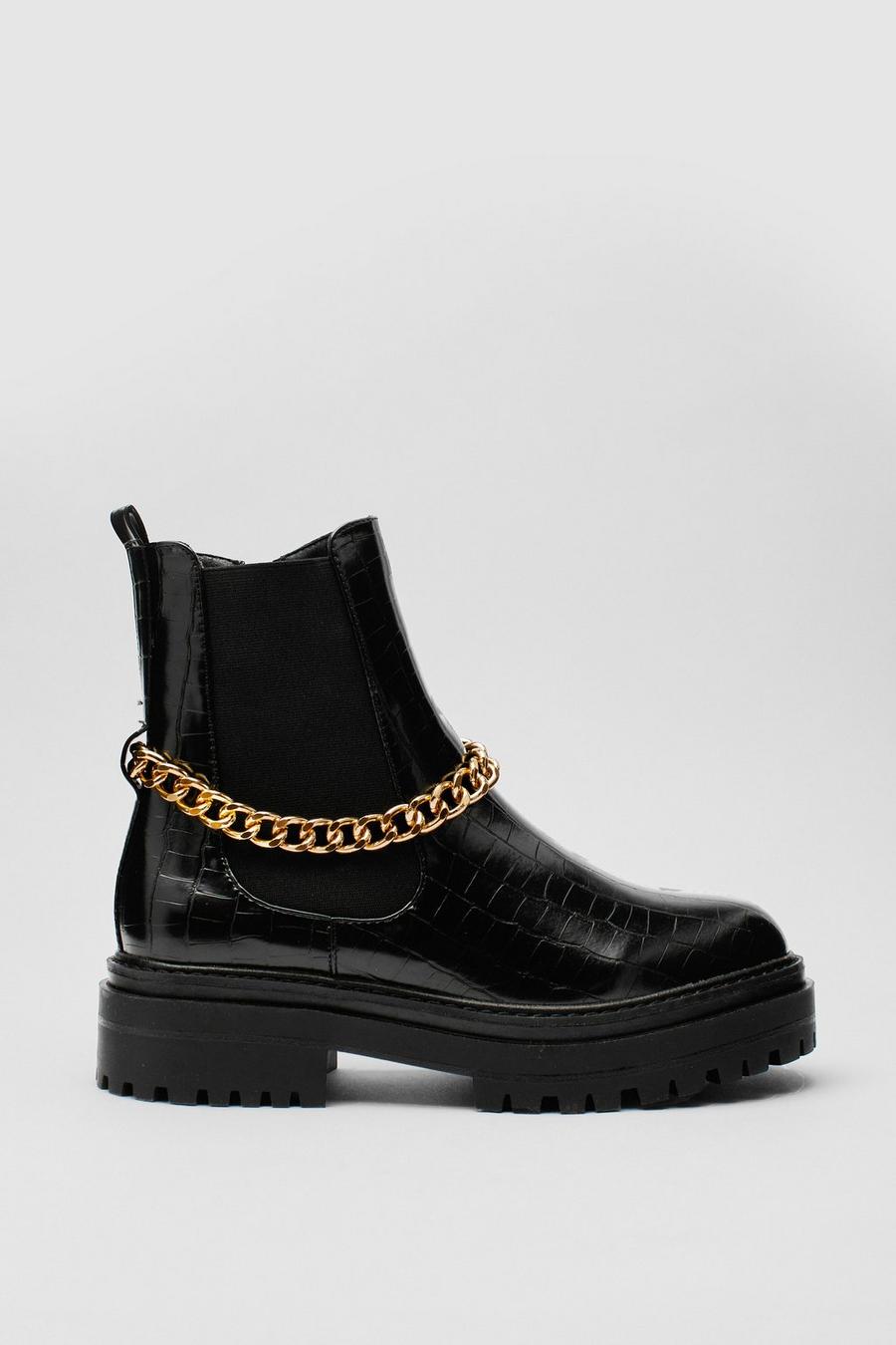 Black Chain Croc Embossed Chelsea Boots