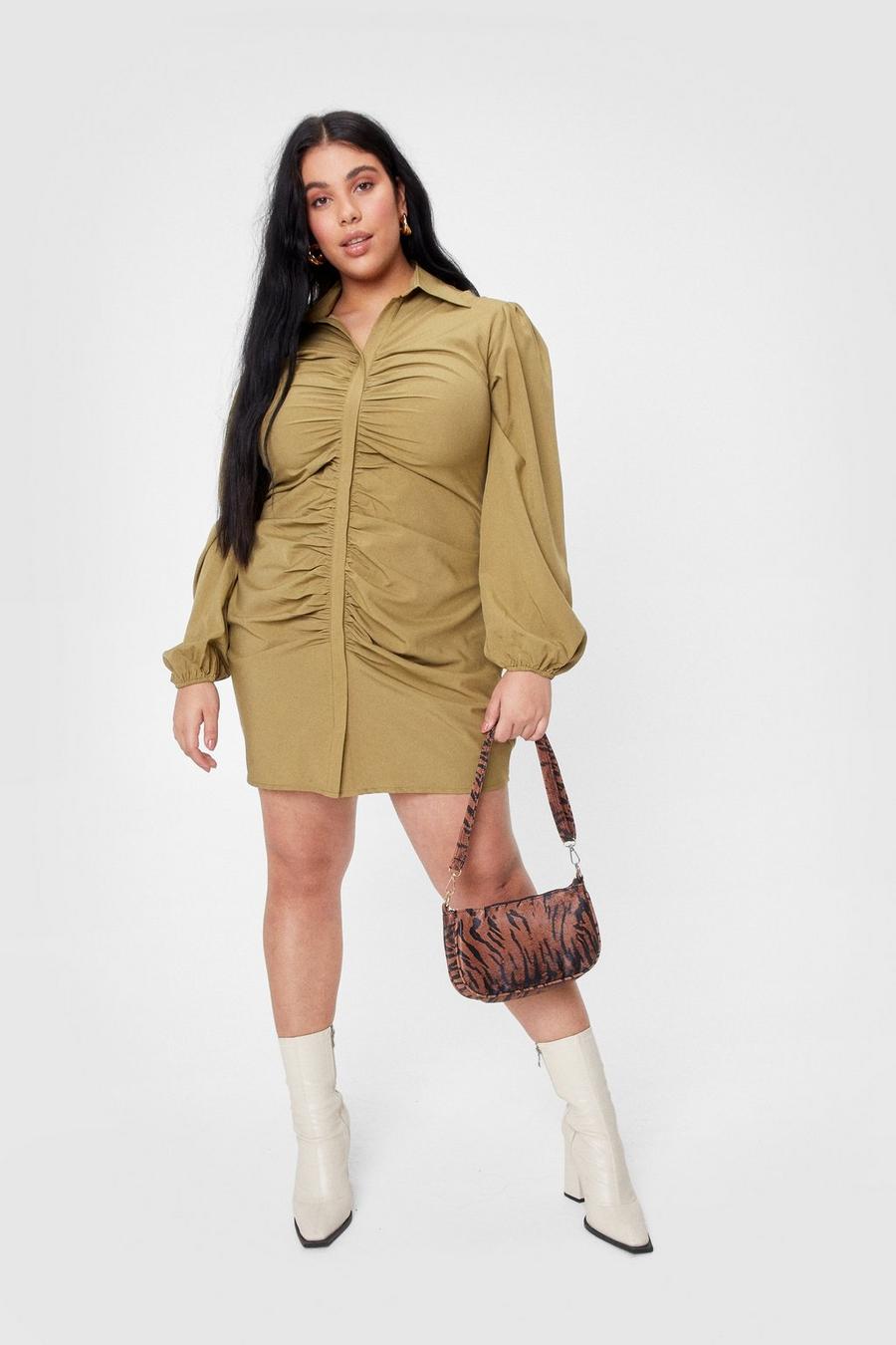Olive green Plus Size Ruched Fitted Shirt Dress