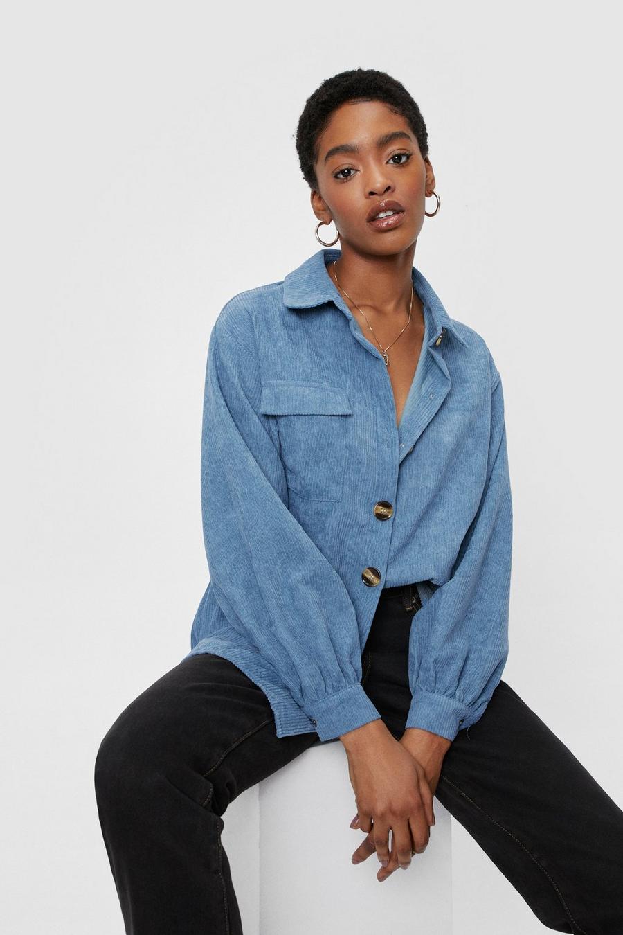 Blue Corduroy Oversized Button Down Shirt image number 1