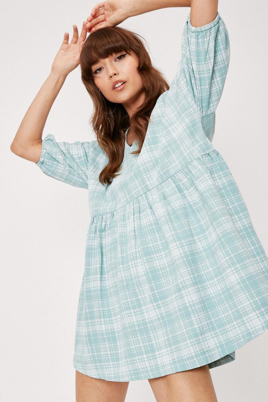 Mint green Check Print V Neck Puff Sleeve Smock Mini Dress