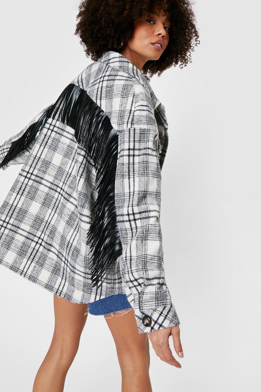 Grey Oversized Check Fringe Jacket