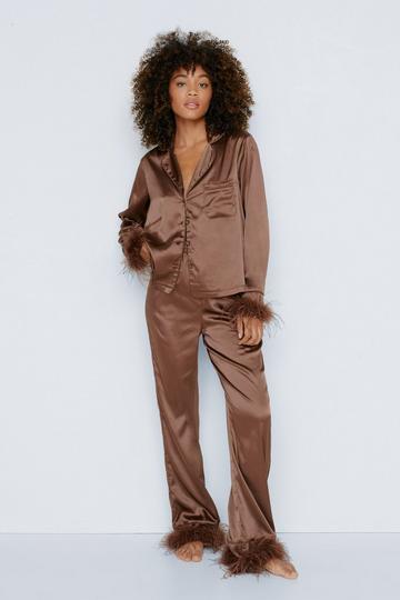 Satin Feather Pajama Shirt and Pants Set chocolate