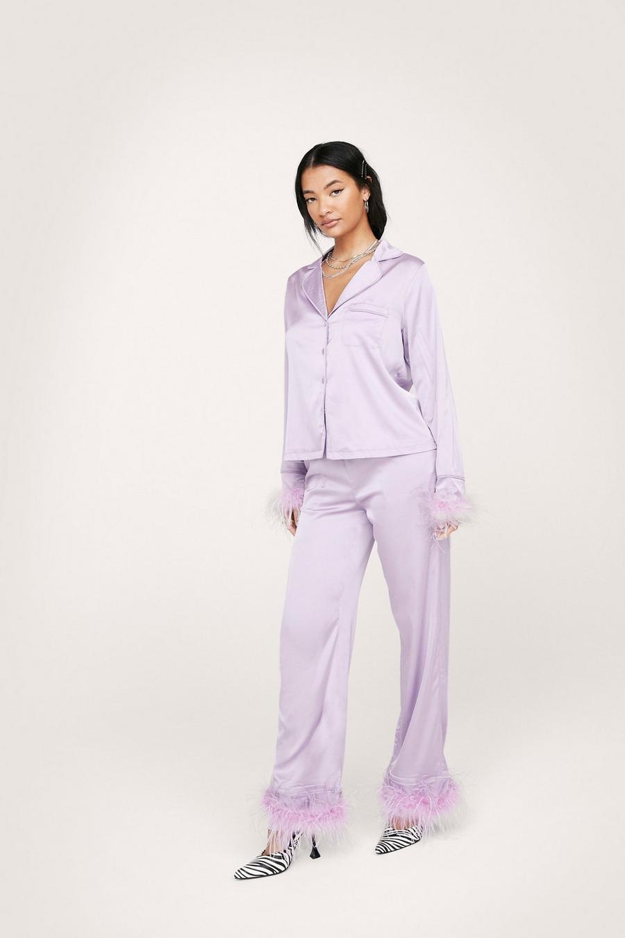 Lilac Satin Feather Pyjama Shirt and Trousers Set image number 1