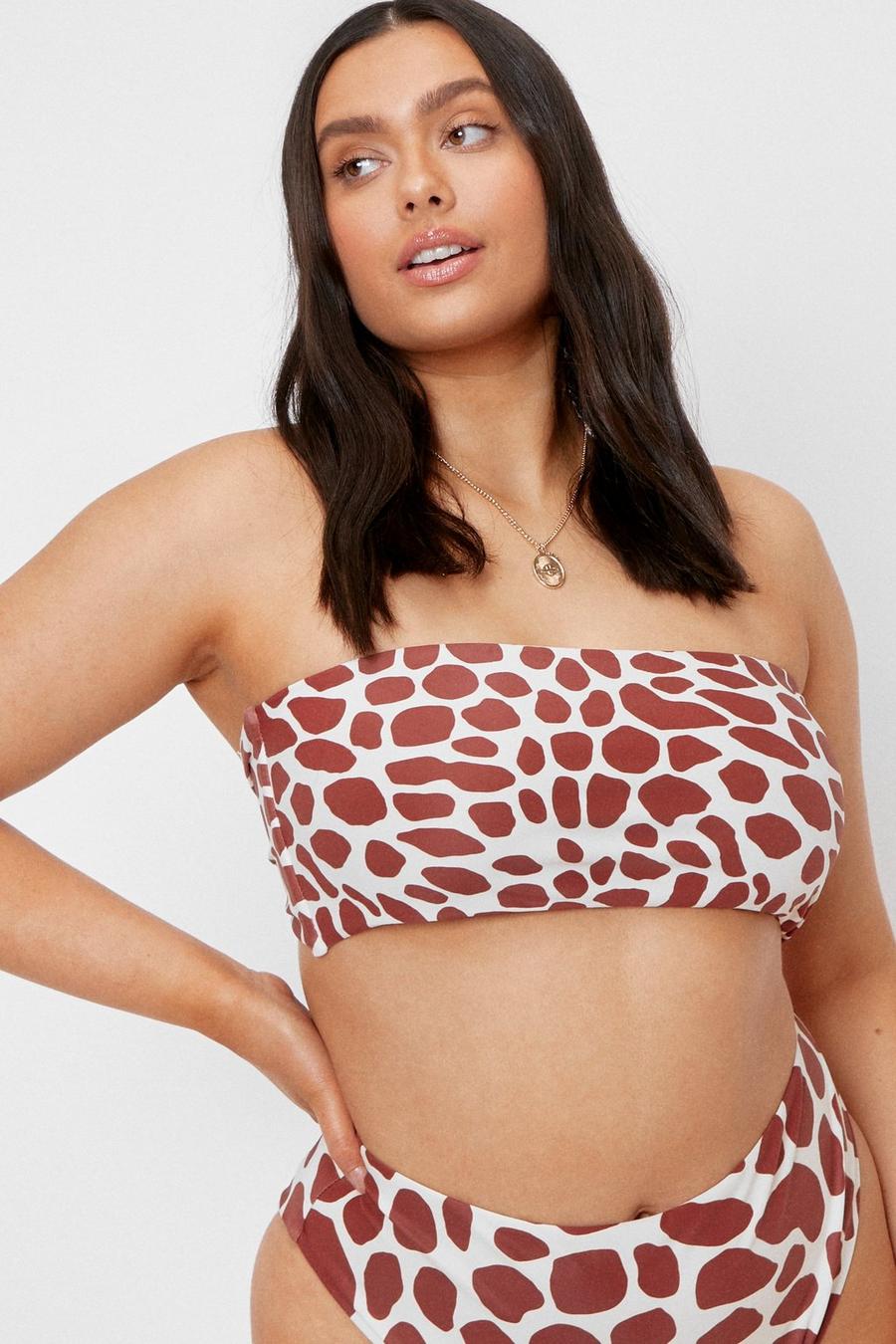 Brown Plus Size Giraffe Print Bandeau Bikini Top