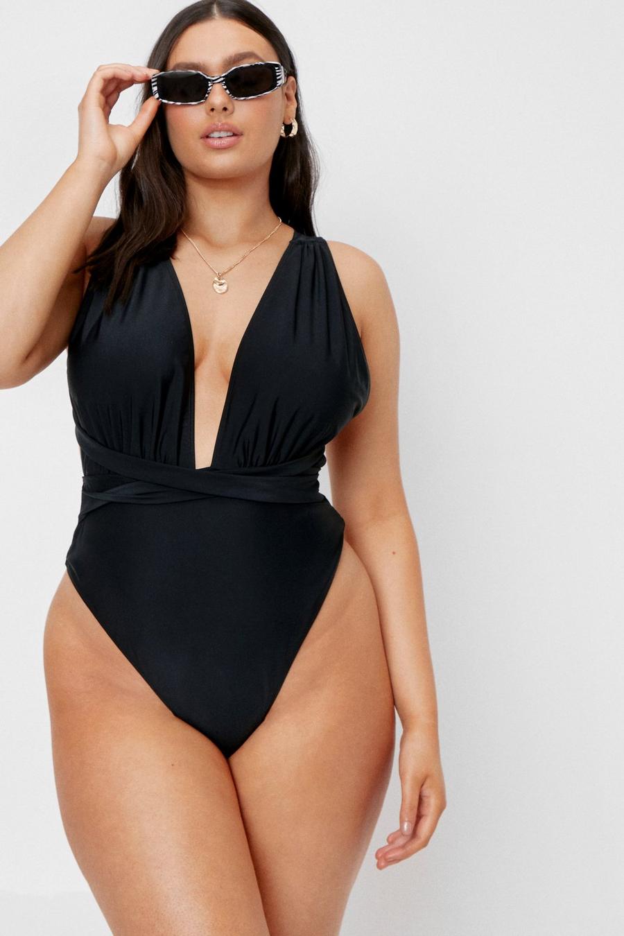 Black Plus Size Wrap Around Plunge Swimsuit