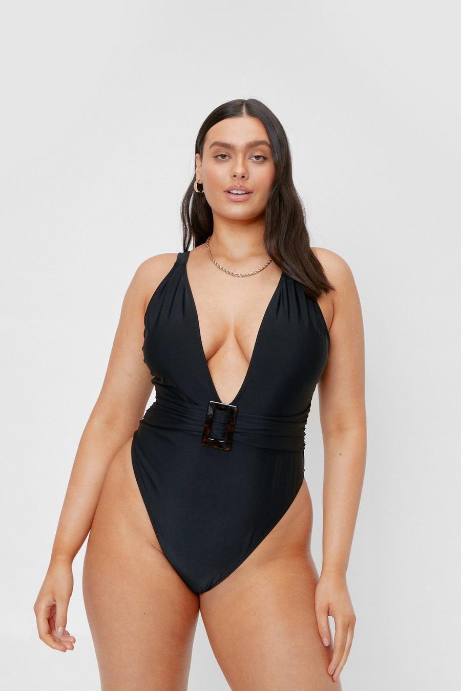 Black Plus Size Belted V Neck Swimsuit