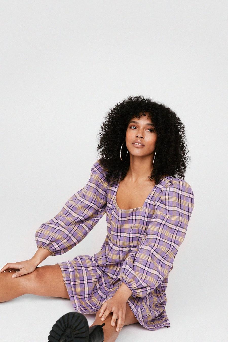 Purple Check Puff Sleeve Mini Smock Dress